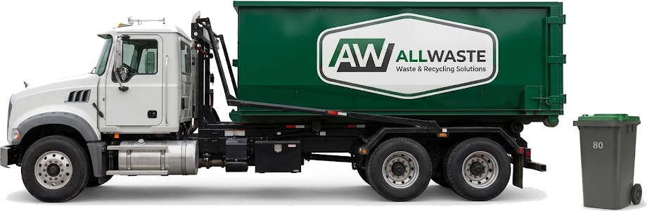All Waste Consulting roll-off truck carrying a green 30 yard container