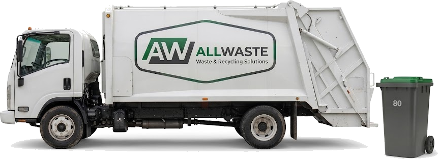 All Waste Consulting rear load truck beside a wheeled toter